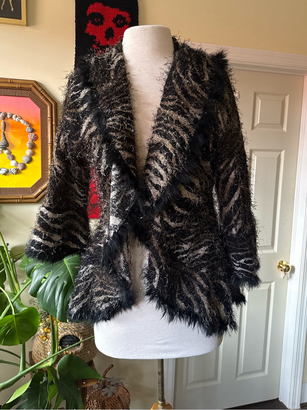 Vintage Alberto Makali Fuzzy Zebra-Print Open Front Jacket - Black & Brown